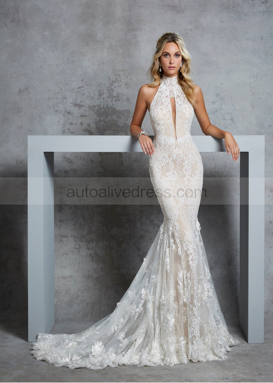 High Neck Ivory Lace Tulle Sexy Open Back Wedding Dress